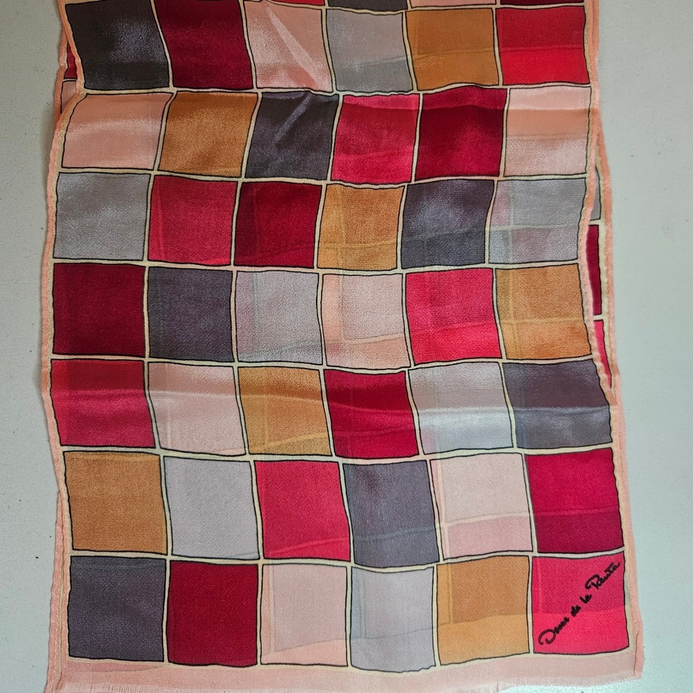 Oscar de la Renta Silk Scarf Geometric Square Red Pink Grey Vintage Accessory